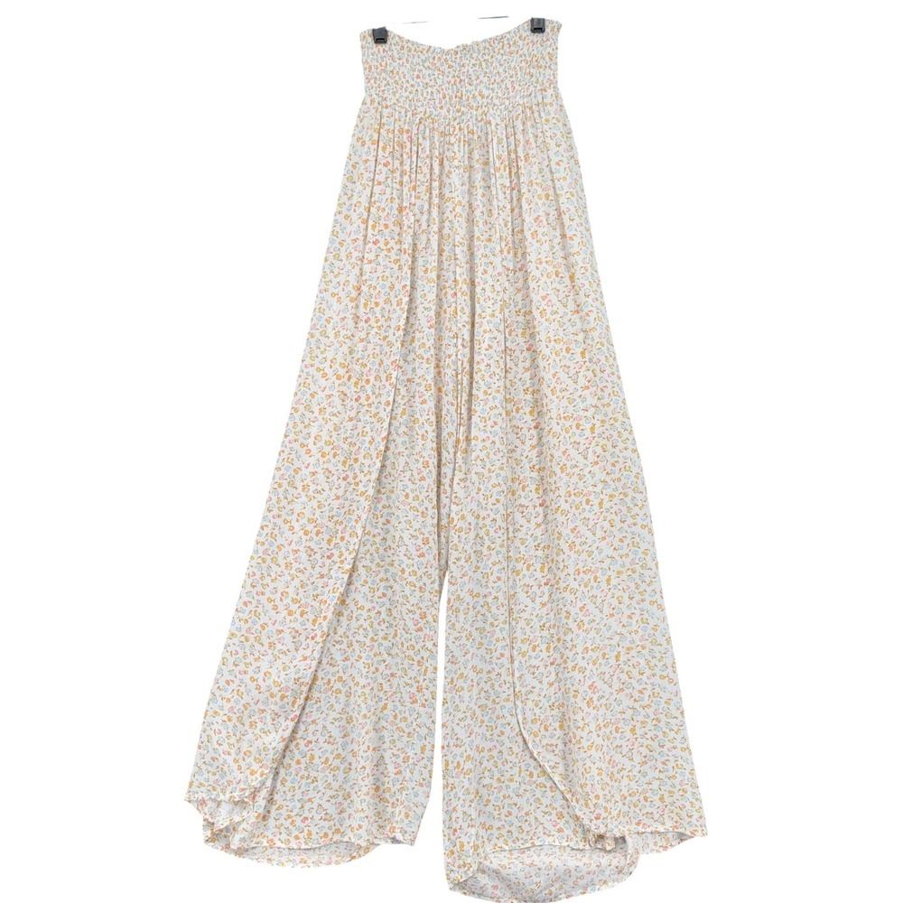 Billabong Floral Wide Leg Pants Womens M Cream Smocked Waist Beach Boho